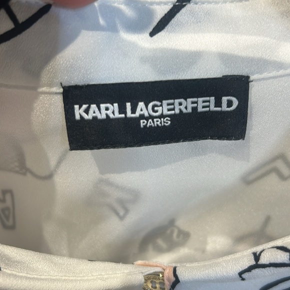 Karl Lagerfeld French Streets Roll Sleeve Button Down Blouse White & Black Sz M - Picture 12 of 17